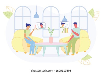 Man and Woman Sitting in Armchairs and Communicating Flat Cartoon Vector Illustration. Characters in Different Parts Talking Using Mobile Phone. Couch Surfing Discussion. Internet Chat.