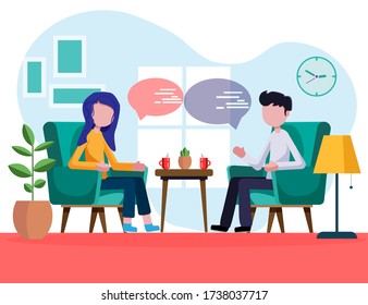 Man and woman are sitting in armchairs and talking. Characters flat, cartoon, vector illustration. The guy and the girl are talking at home. At breakfast, young people discuss