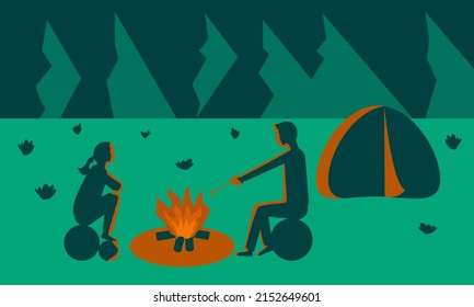 Man and a woman are sitting around a campfire at night. Family tourism. Hike. Concept. Vector.