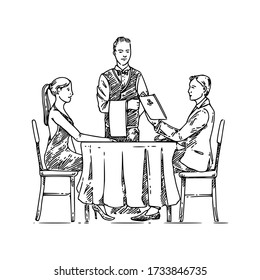 Man and woman sitting ata table in restaurant and waiter. Sketch. Engraving style. Vector illustration.