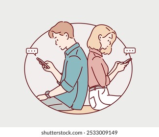 Um homem e uma mulher sentados lado a lado, cada um usando seus smartphones. Ilustrações de design de vetor de estilo desenhado à mão.