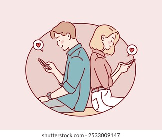 A man and a woman sitting back to back, expressing love through their smartphones. Hand drawn style vector design illustrations.