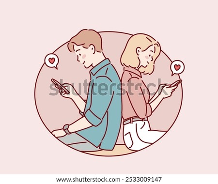 A man and a woman sitting back to back, expressing love through their smartphones. Hand drawn style vector design illustrations.