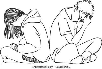 Man and woman sitting back to back on white background.