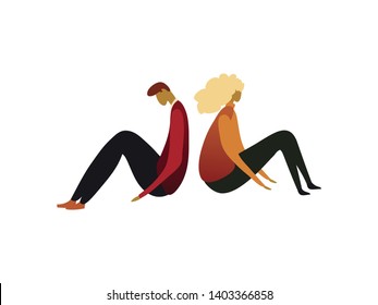 Man and woman sitting back to back. Vector illustration on white background.