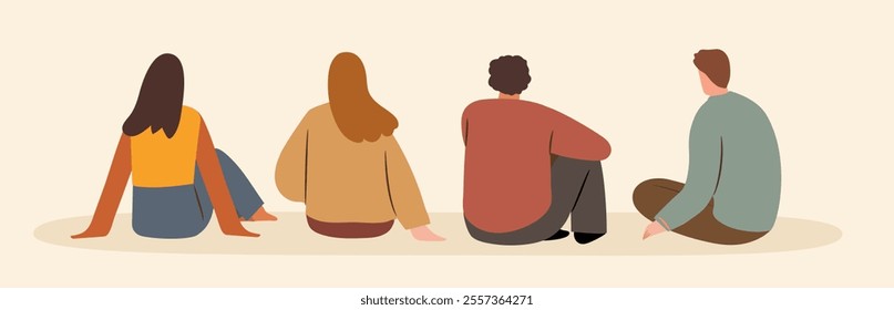 Man and woman sitting backview relaxed set. Diverse people waiting concept.  Vector hand drawn isolated illustration