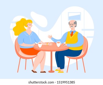 Man and woman sitting behind the table and having a conversation. Flat style vector illustration of two characters smiling.