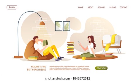 Man and woman sitting with book at home. Reading, book lovers, E-book reader, home leisure concept. Vector illustration for poster, banner, cover, website.