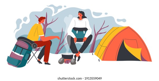 Homem e mulher sentados à fogueira conversando e comunicando-se. Personagem masculino e feminino acampando por barraca na natureza. Mochileiros viajando e explorando novos lugares e locais. Vetor em estilo plano