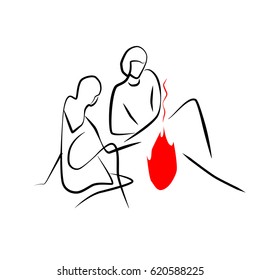 
Man and woman are sitting by the fire vector