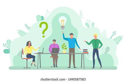 Man and woman sitting by table at conference vector. Meeting of employees brainstorming people looking for question and solving of problem bright idea