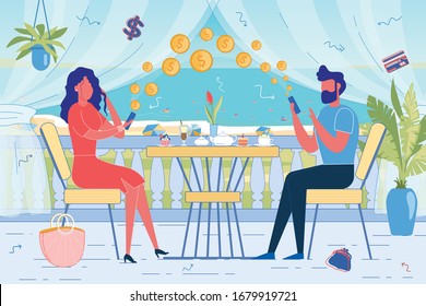 Man And Woman Sitting In Cafe, Drink Tea And Coffe. People Paying For Food By Smartphone. Money Payment Wireless Transaction. Mobile Phone Online Banking, Internet Service Vector Illustration