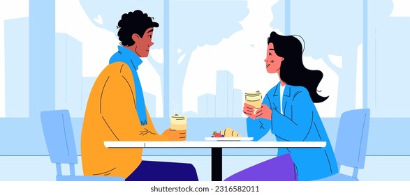 A man and a woman sitting in a cafe on a date. Couple drinking coffee at a romantic croissant breakfast. Vector contemporary illustration. Flat with a line. 