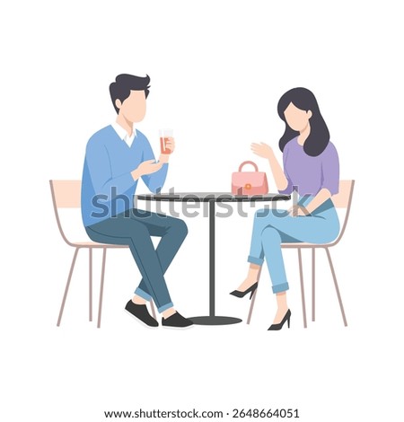 man and woman sitting at a cafe table, having a relaxed conversation. A handbag sits on the table, adding a lifestyle detail