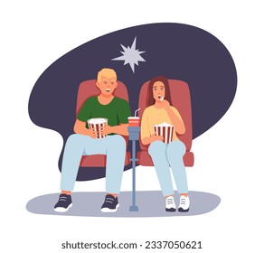 Man and woman sitting in cinema, eating popcorn. Friends meeting. Happy couple spending time together. Time for dating and talk. Flat vector illustration in cartoon style