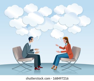 A man and a woman sitting in comfortable armchairs talk to each other openly and creatively. Among the gears seem flowing good ideas in Speech Balloons with shaped of clouds.