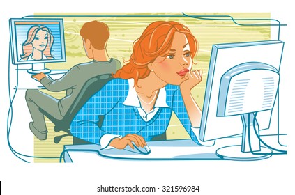 Man and woman sitting at computers, surfing internet, communicating online