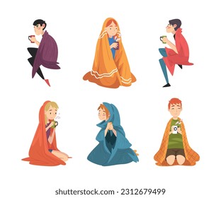 Man and Woman Sitting Covered with Cozy Plaid Enjoying Hot Drink in Mug Vector Set
