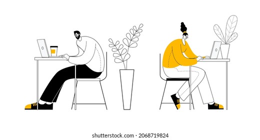 A man and a woman are sitting at desks in an office among flowers and working at computers. Vector illustration in the style of outline on the topic of computer work and workspace.