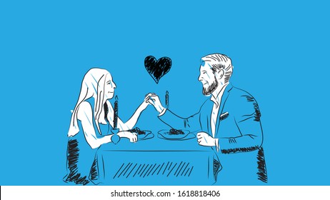 man and woman sitting at dinner table simple hand drawn design style minimal vector illustration
