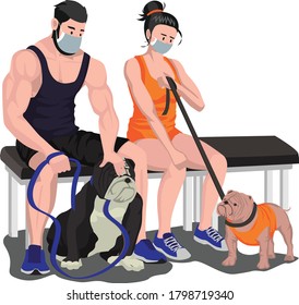 Man and woman are sitting down with their strong body guard dogs