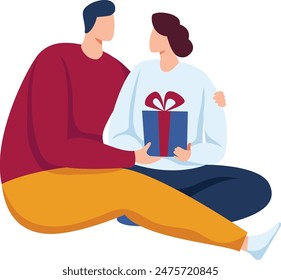 Man woman sitting, exchanging gift, celebration moment. Couple casual clothing, sharing present, simple flat design. Gift box held female, male seated close, affectionate gesture