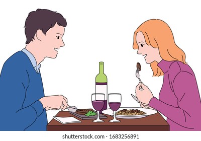 A man and a woman are sitting facing each other at a restaurant table and having a romantic dinner together. hand drawn style vector design illustrations. 