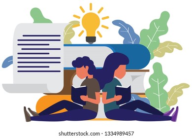 man and woman sitting front big books reading and knowledge. modern flat style vector illustration. Book festival concept of a small people reading a open huge book.