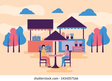 man and woman sitting front booth plants activities outdoors vector illustration