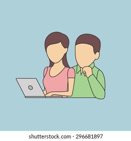 Man and Woman Sitting in front of the Laptop. Vector Flat Illustration.