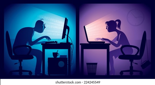 Man and woman sitting in front of screens in a dark office room. Eps8 CMYK Organized by layers. Global colors. Gradients used.