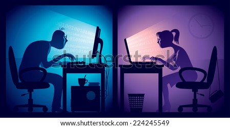 Man and woman sitting in front of screens in a dark office room. Eps8 CMYK Organized by layers. Global colors. Gradients used.