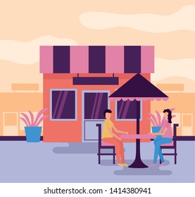 man and woman sitting front store activities outdoors vector illustration