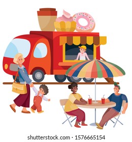 a man and a woman are sitting in front of a truck that sells coffee and donuts, a mom and a child walk by, asking to buy him fast food, isolated object on a white background, vector illustration