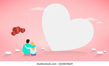 Man and woman sitting and holding red heart shape balloons with big white heart shape illustration vector.