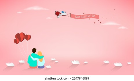 Man and woman sitting and holding red heart shape balloons with "Happy Valentine's Day" banner airplane illustration vector.