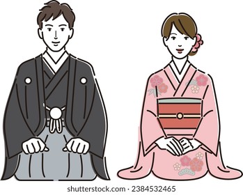 A man and a woman sitting in kimono