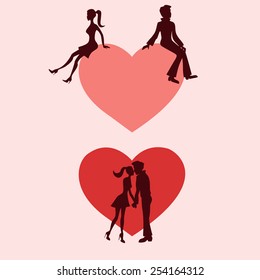 Man and woman sitting and kissing near the big heart on the pink background. Vector illustration of the kissing couple for st valentines day, wedding invitations, greeting cards, magazines.