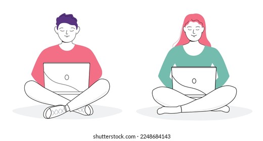 A man and a woman is sitting at a laptop with his legs crossed in a lotus position. The guy ,girl studies, works as an operator, manager, communicates remotely online. Vector art line graphics.