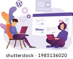 A man and woman sitting with a laptop on a sofa or chair and fixing WordPress issues in web design SEO vector illustration with elements on background