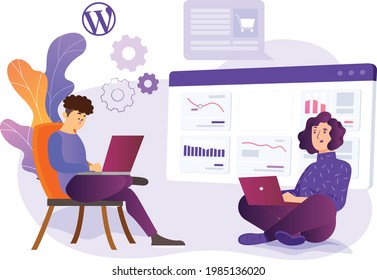 Un hombre y una mujer sentados con una laptop en un sofá o silla y arreglando problemas de WordPress en el diseño web SEO ilustración vectorial con elementos en el fondo