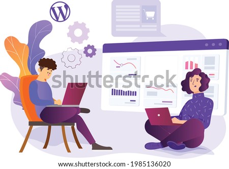 A man and woman sitting with a laptop on a sofa or chair and fixing WordPress issues in web design SEO vector illustration with elements on background