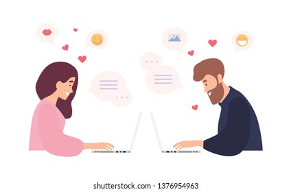 Man and woman sitting at laptops, using dating website and chatting. Romantic couple having conversation on internet. Cute girl and boy sending online messages to each other. Flat vector illustration.