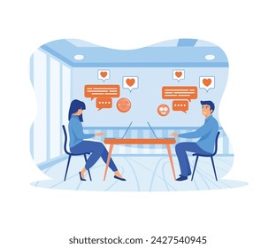 Man and woman sitting at laptops, using dating website and chatting. Romantic couple having conversation on internet.  flat vector modern illustration 