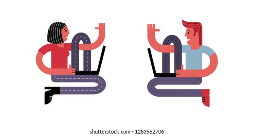 A man and a woman are sitting with laptops. Vector illustration in flat style.