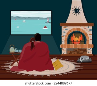 A man and a woman are sitting in a living room with a fireplace and watching TV. Home comfort. Vector illustration.