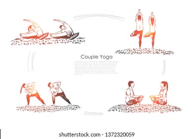 Man and woman sitting in lotus pose, healthy lifestyle, people meditating, husband and wife relaxation banner. Couple yoga, fitness exercise concept sketch. Hand drawn vector illustration