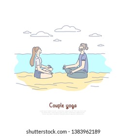Man and woman sitting in lotus pose on beach, relaxation exercise, couples yoga class, healthy lifestyle banner