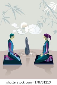 Man and woman sitting in the lotus position, in a zen garden, practicing silent meditation. They belong to the tradition of Zen Buddhism. Behind them the moon and some clouds.