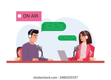 Man and a woman are sitting and making a podcast. They are talking into microphones, having a conversation online. Radio broadcasting and online communication